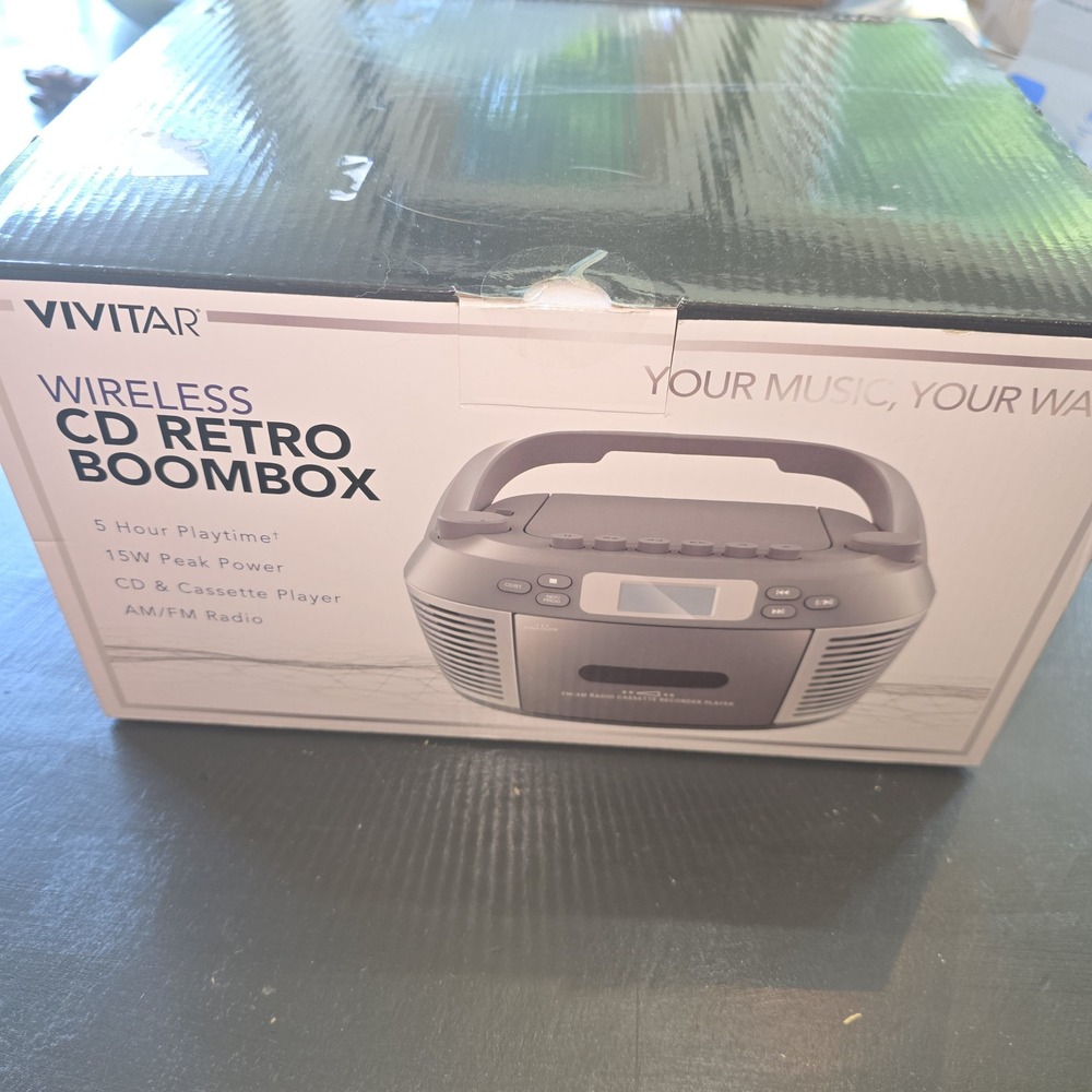 Vivitar Wireless CD Retro Boombox Grey Bluetooth Cassette AM/FM Radio 15W Peak
